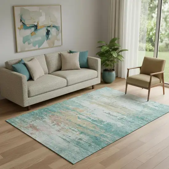 Teal And Beige Abstract Washable Area Rug With UV Protection Photo 2
