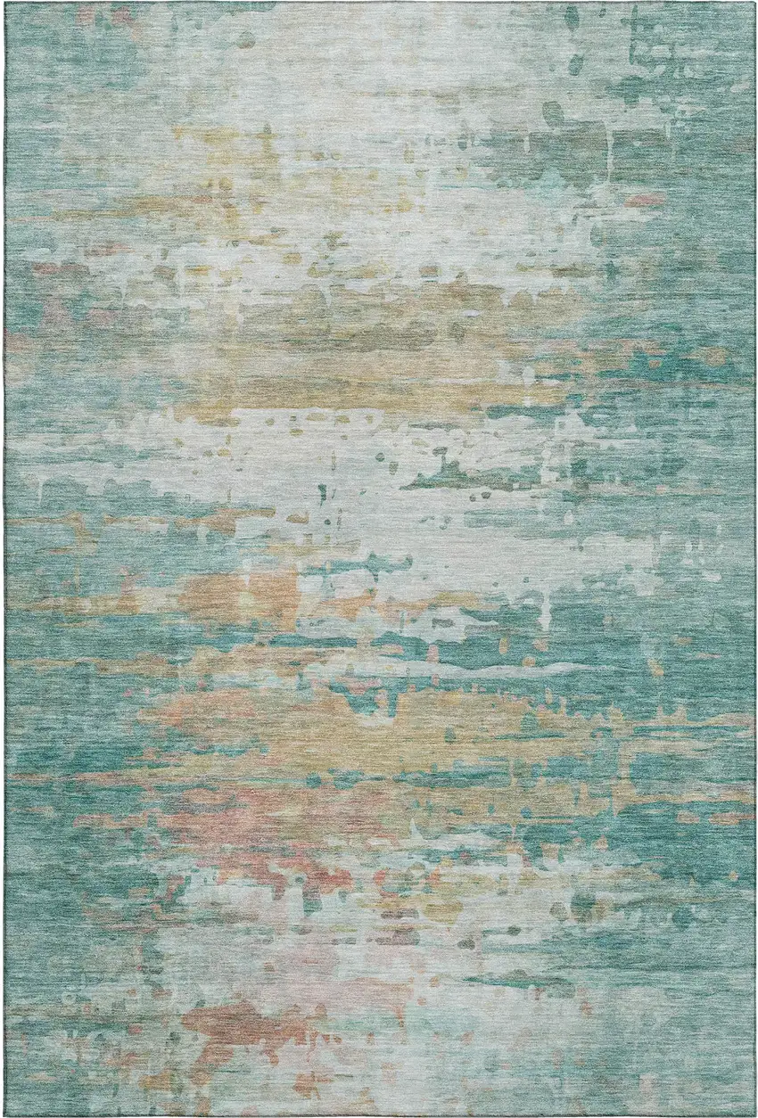 Teal And Beige Abstract Washable Area Rug With UV Protection Photo 1