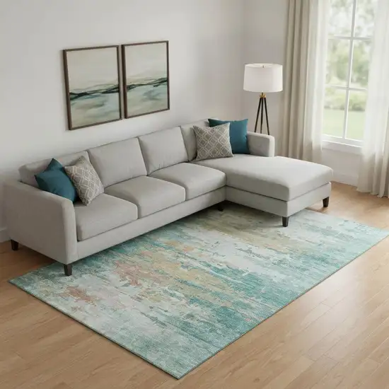 Teal And Beige Abstract Washable Area Rug With UV Protection Photo 2