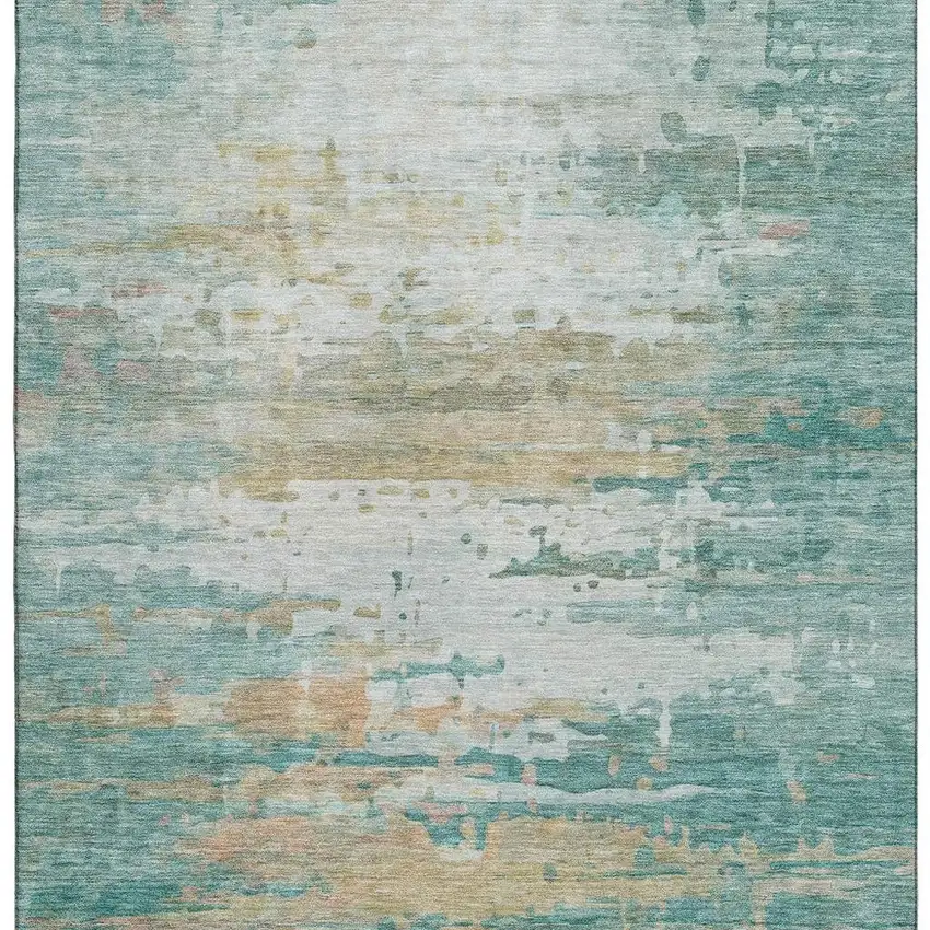Teal And Beige Abstract Washable Area Rug With UV Protection Photo 4