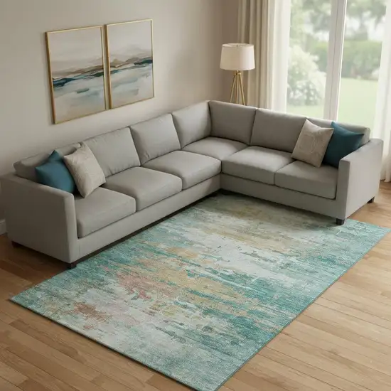 Teal And Beige Abstract Washable Area Rug With UV Protection Photo 2