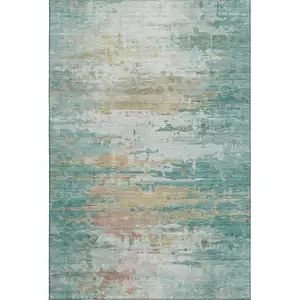Photo of Teal And Beige Abstract Washable Area Rug With UV Protection