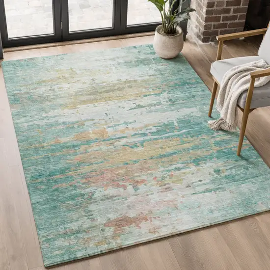 Teal And Beige Abstract Washable Area Rug With UV Protection Photo 5