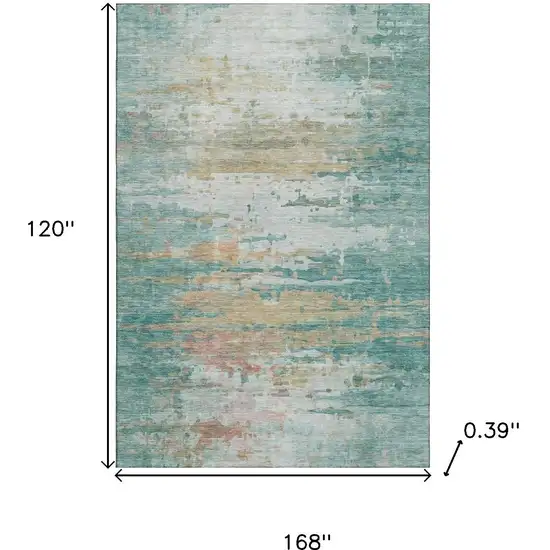 Teal And Beige Abstract Washable Area Rug With UV Protection Photo 9