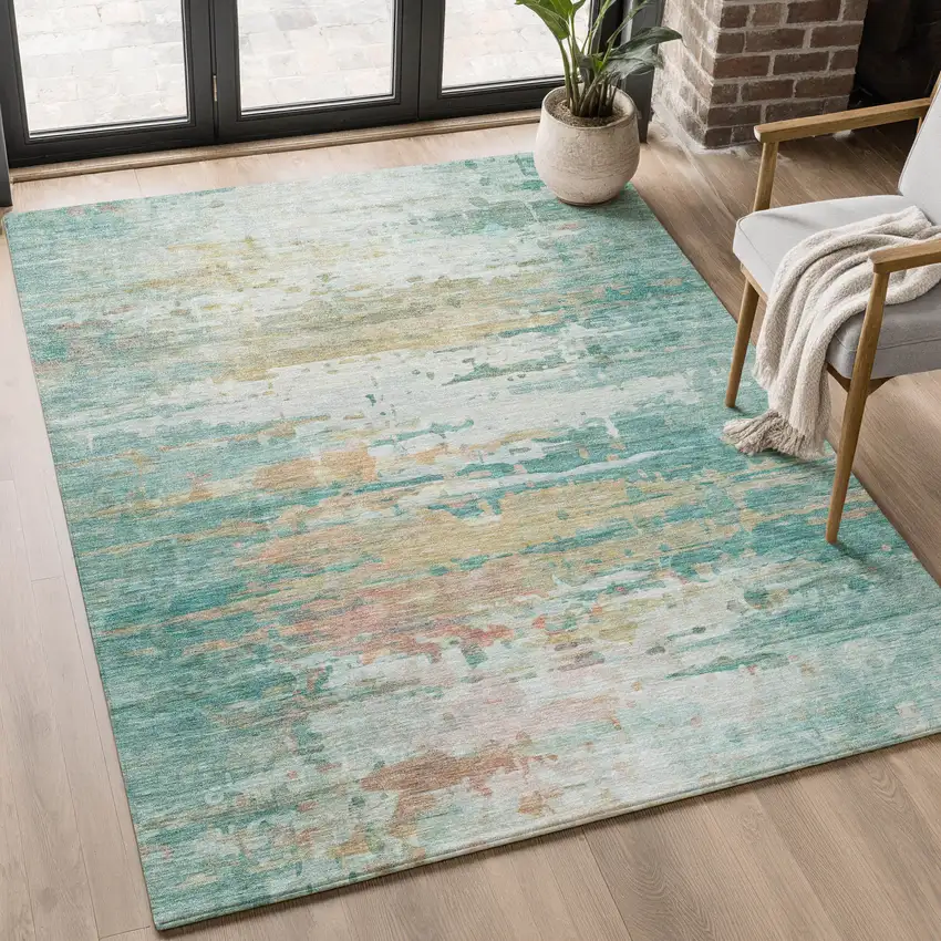 Teal And Beige Abstract Washable Area Rug With UV Protection Photo 5