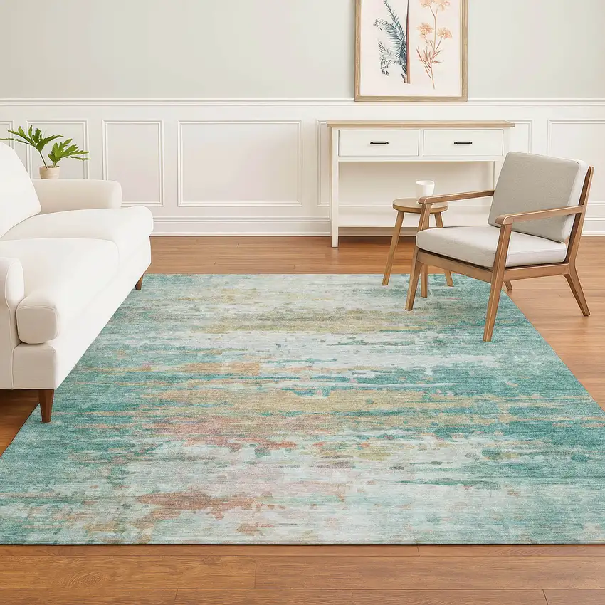 Teal And Beige Abstract Washable Area Rug With UV Protection Photo 6