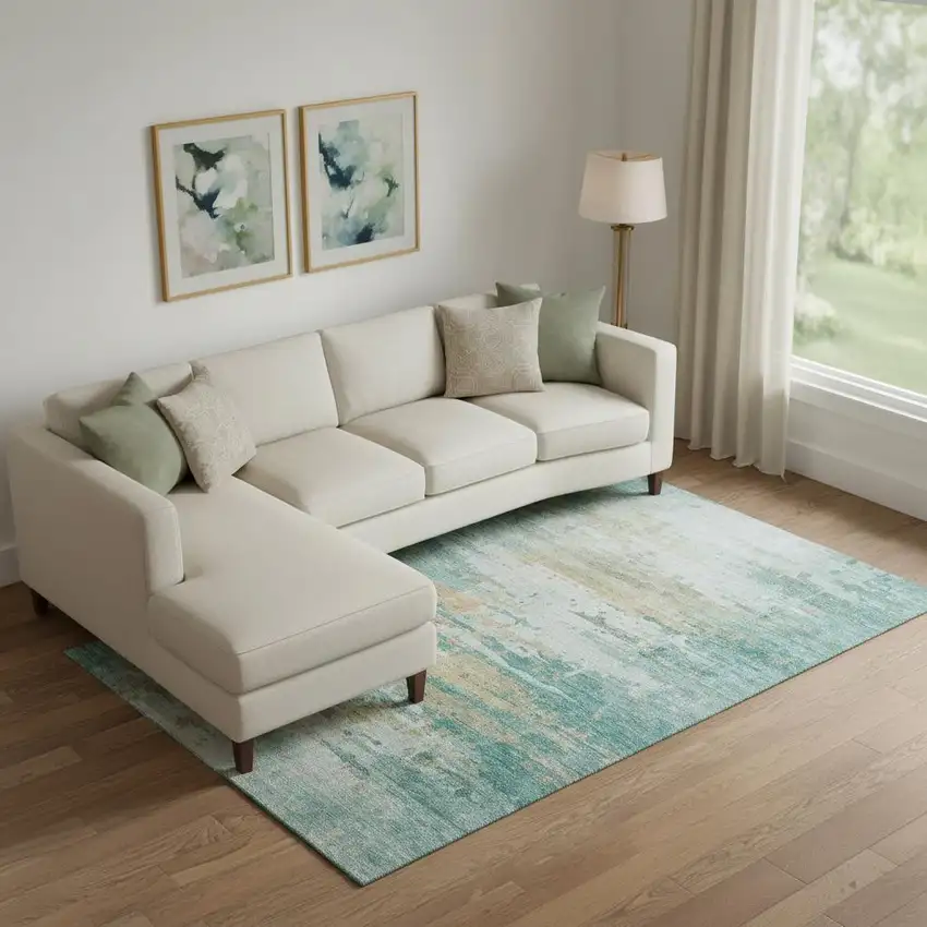 Teal And Beige Abstract Washable Area Rug With UV Protection Photo 2