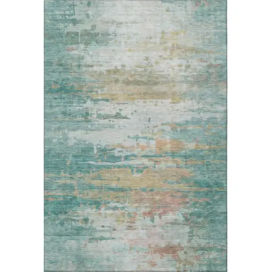 Teal And Beige Abstract Washable Area Rug With UV Protection Photo 4