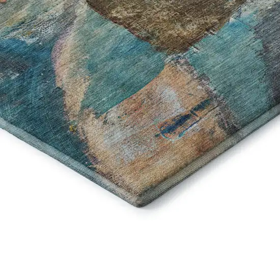 Teal And Beige Abstract Washable Area Rug With UV Protection Photo 7