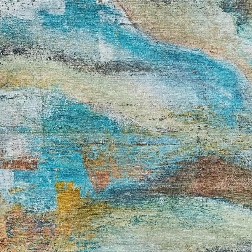 Teal And Beige Abstract Washable Area Rug With UV Protection Photo 3