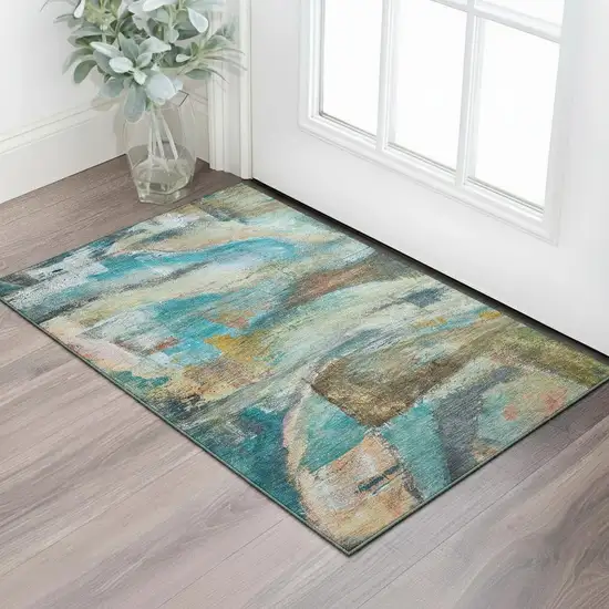 Teal And Beige Abstract Washable Area Rug With UV Protection Photo 2