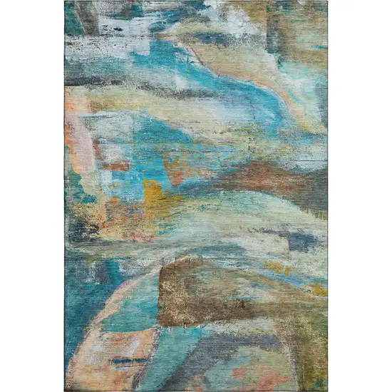 Teal And Beige Abstract Washable Area Rug With UV Protection Photo 1