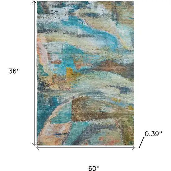 Teal And Beige Abstract Washable Area Rug With UV Protection Photo 9