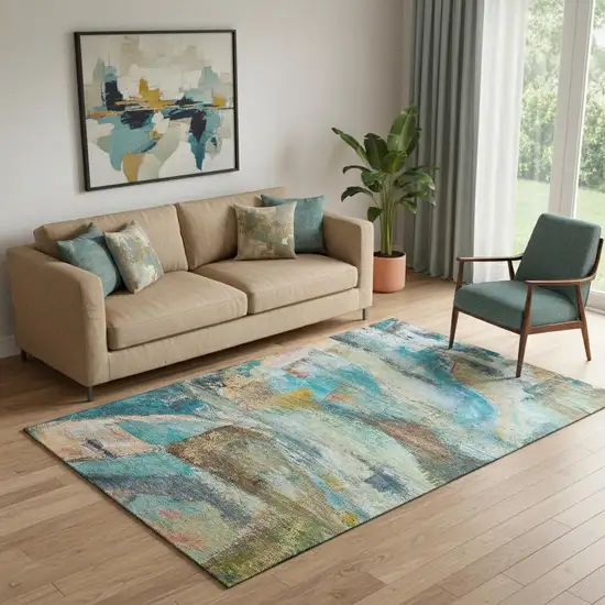 Teal And Beige Abstract Washable Area Rug With UV Protection Photo 2