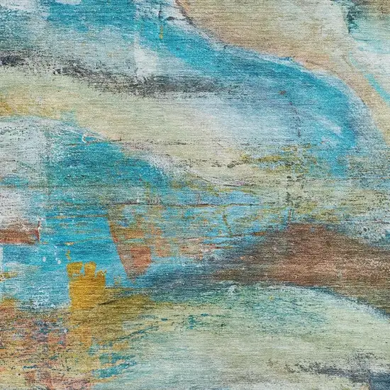 Teal And Beige Abstract Washable Area Rug With UV Protection Photo 3