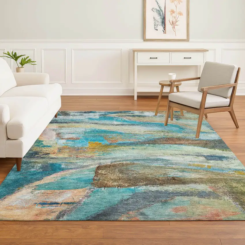 Teal And Beige Abstract Washable Area Rug With UV Protection Photo 6