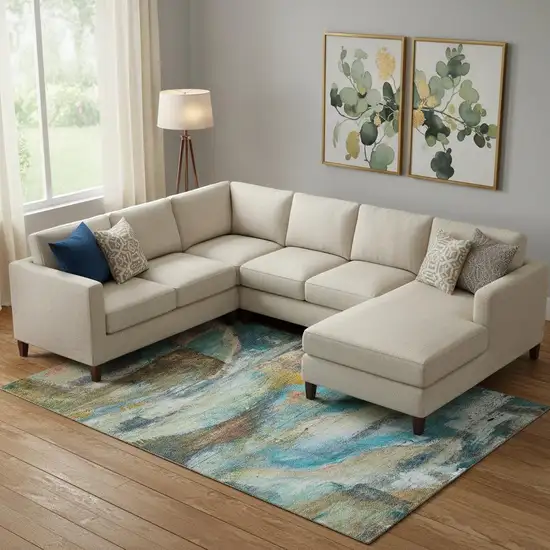 Teal And Beige Abstract Washable Area Rug With UV Protection Photo 2