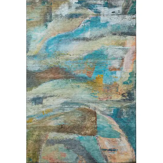 Teal And Beige Abstract Washable Area Rug With UV Protection Photo 3