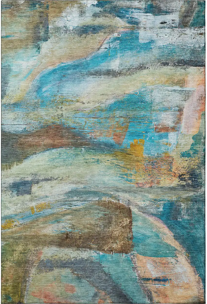 Teal And Beige Abstract Washable Area Rug With UV Protection Photo 3