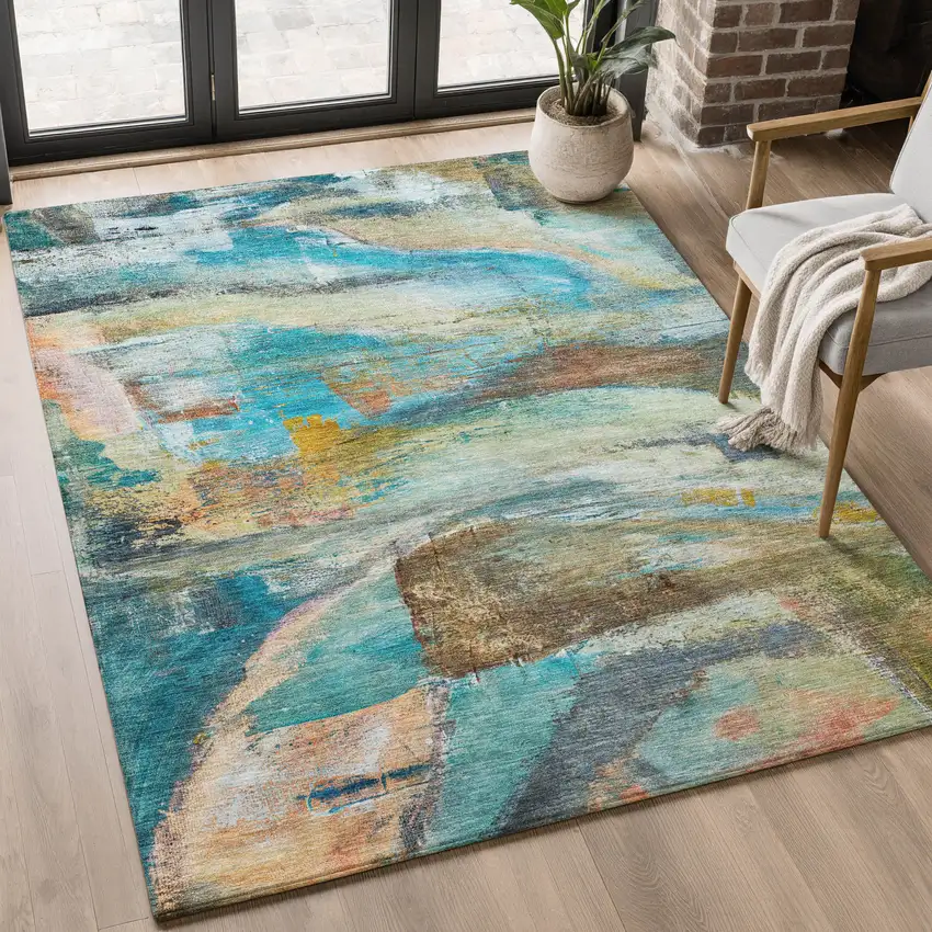 Teal And Beige Abstract Washable Area Rug With UV Protection Photo 4