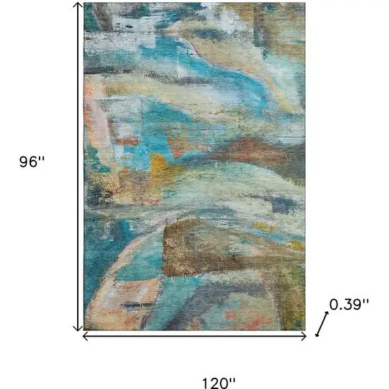 Teal And Beige Abstract Washable Area Rug With UV Protection Photo 8