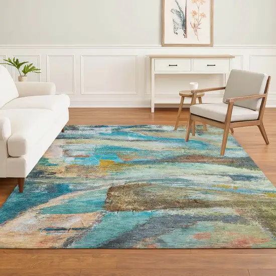 Teal And Beige Abstract Washable Area Rug With UV Protection Photo 5