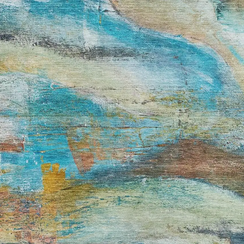 Teal And Beige Abstract Washable Area Rug With UV Protection Photo 3