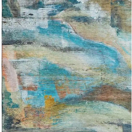 Teal And Beige Abstract Washable Area Rug With UV Protection Photo 4