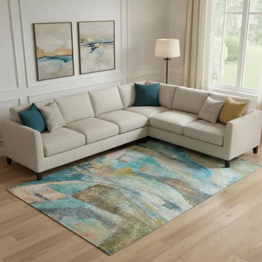Teal And Beige Abstract Washable Area Rug With UV Protection Photo 2
