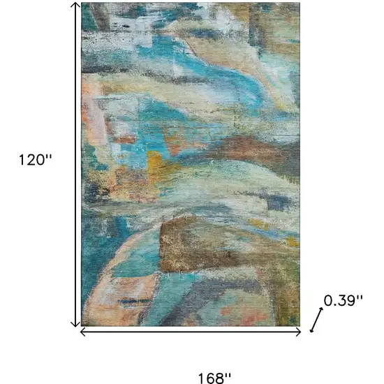 Teal And Beige Abstract Washable Area Rug With UV Protection Photo 9