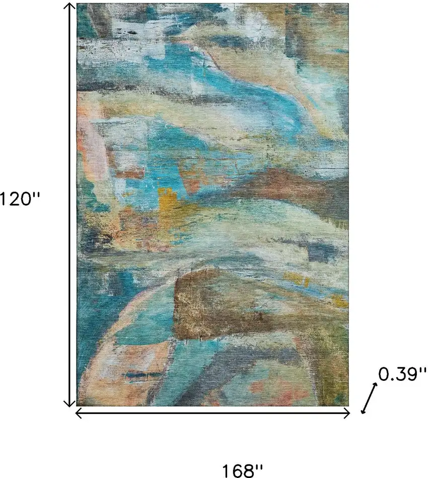 Teal And Beige Abstract Washable Area Rug With UV Protection Photo 9