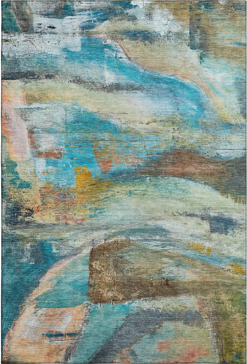 Teal And Beige Abstract Washable Area Rug With UV Protection Photo 1