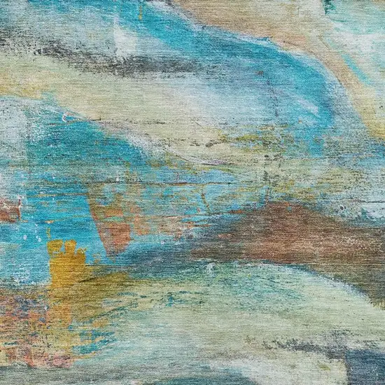 Teal And Beige Abstract Washable Area Rug With UV Protection Photo 3