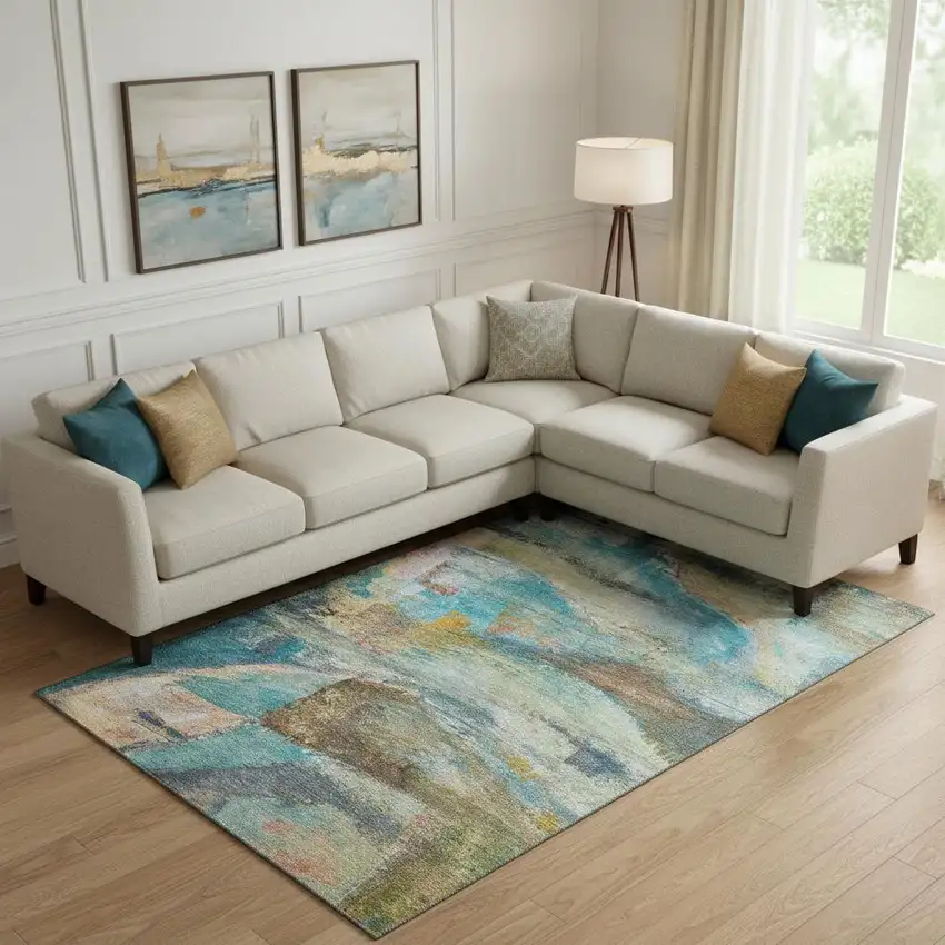 Teal And Beige Abstract Washable Area Rug With UV Protection Photo 2