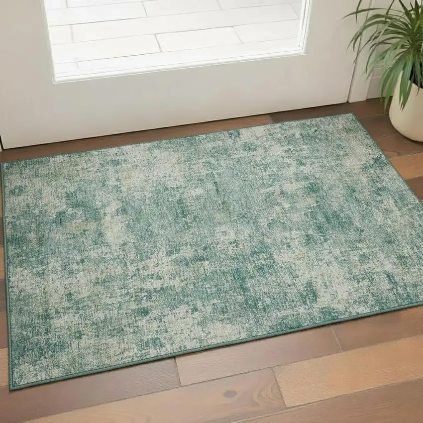 Teal And Beige Abstract Washable Area Rug With UV Protection Photo 2