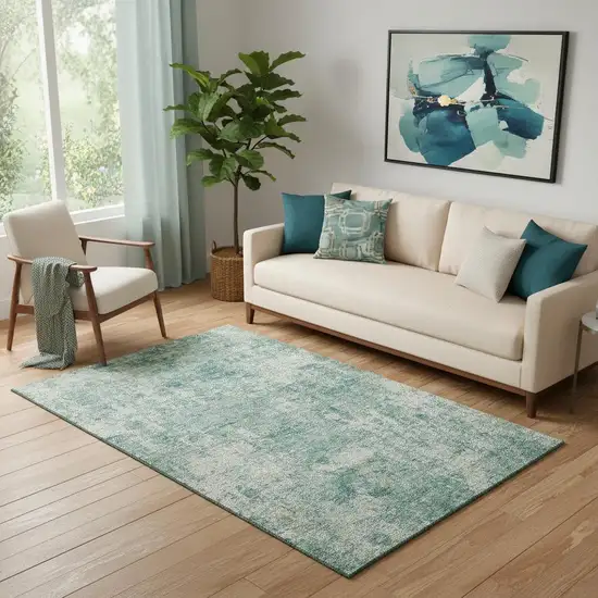 Teal And Beige Abstract Washable Area Rug With UV Protection Photo 2