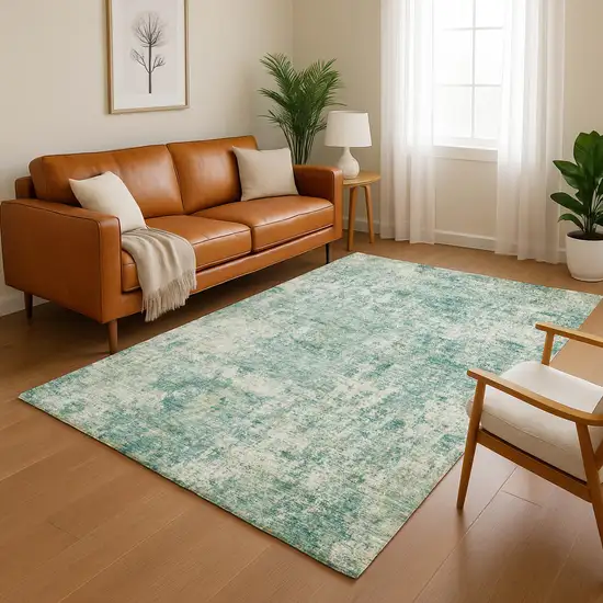 Teal And Beige Abstract Washable Area Rug With UV Protection Photo 5