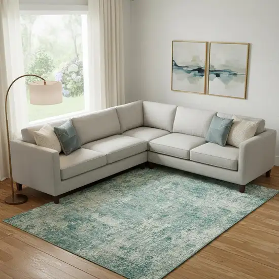 Teal And Beige Abstract Washable Area Rug With UV Protection Photo 2