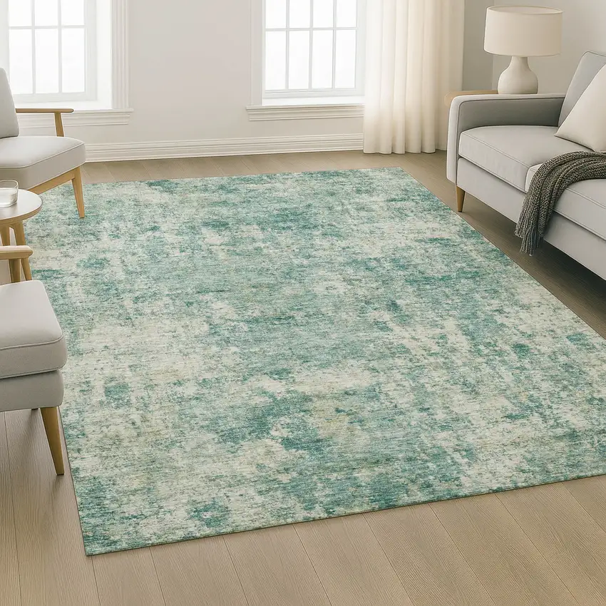 Teal And Beige Abstract Washable Area Rug With UV Protection Photo 6