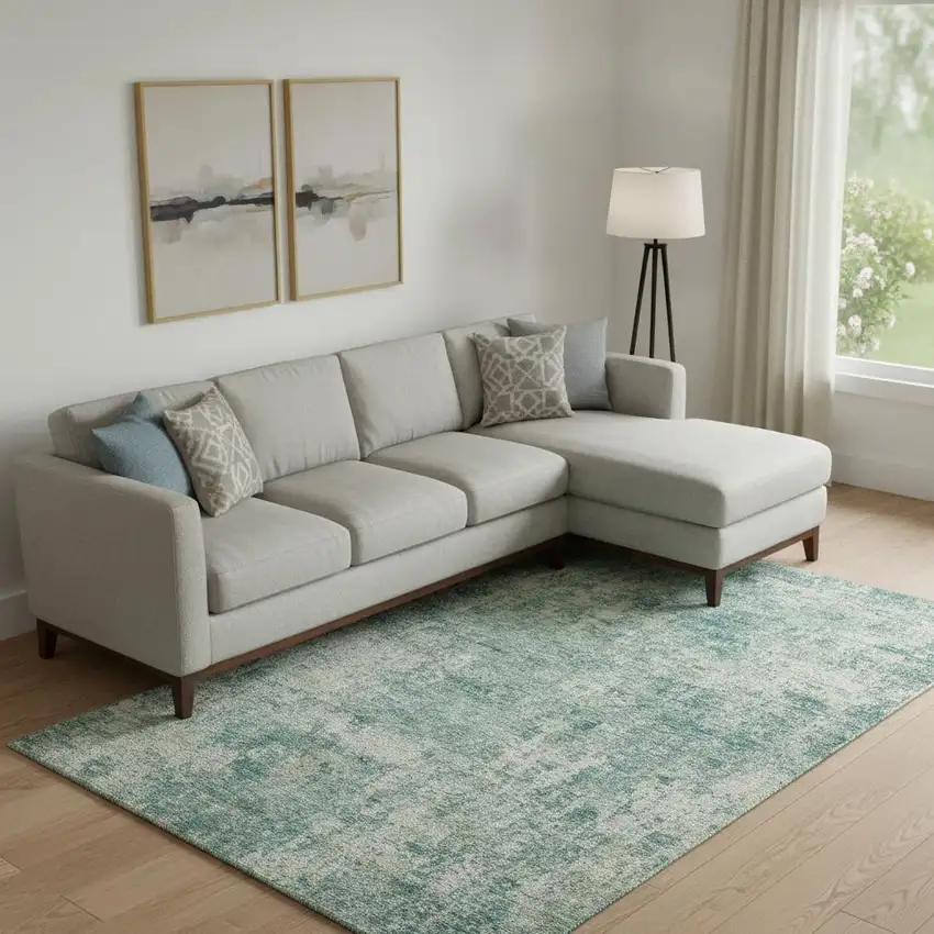 Teal And Beige Abstract Washable Area Rug With UV Protection Photo 2