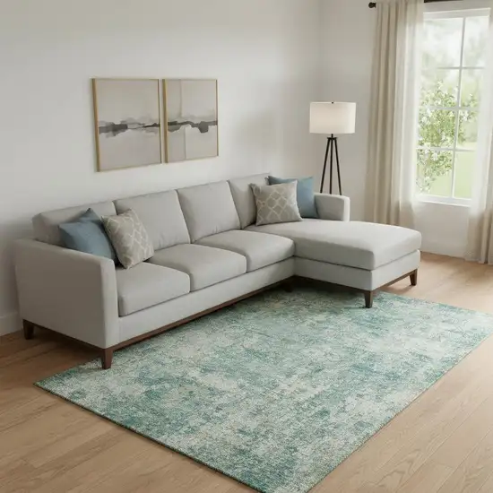 Teal And Beige Abstract Washable Area Rug With UV Protection Photo 2