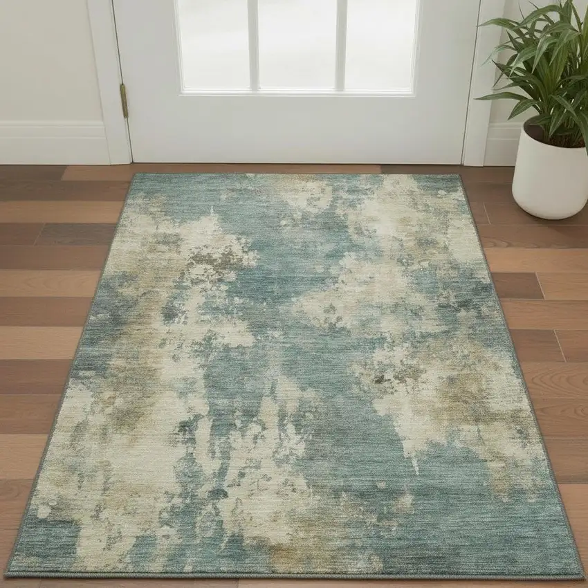 Teal And Beige Abstract Washable Area Rug With UV Protection Photo 2