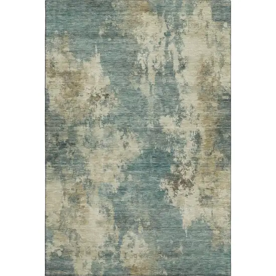 Teal And Beige Abstract Washable Area Rug With UV Protection Photo 1