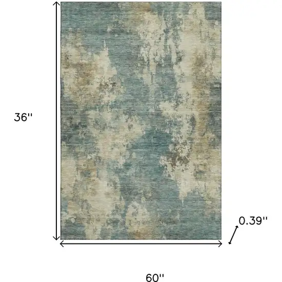 Teal And Beige Abstract Washable Area Rug With UV Protection Photo 9