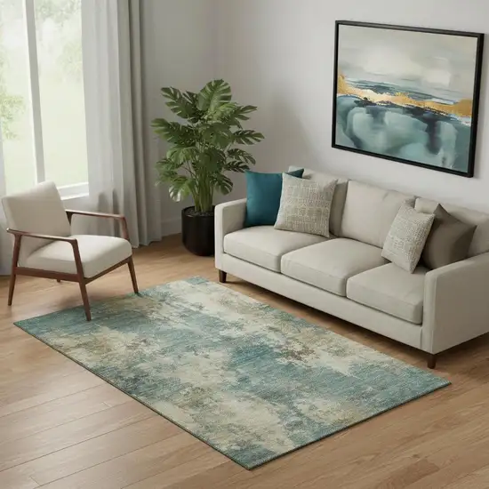Teal And Beige Abstract Washable Area Rug With UV Protection Photo 2