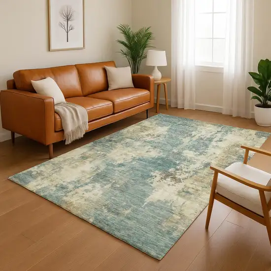 Teal And Beige Abstract Washable Area Rug With UV Protection Photo 5