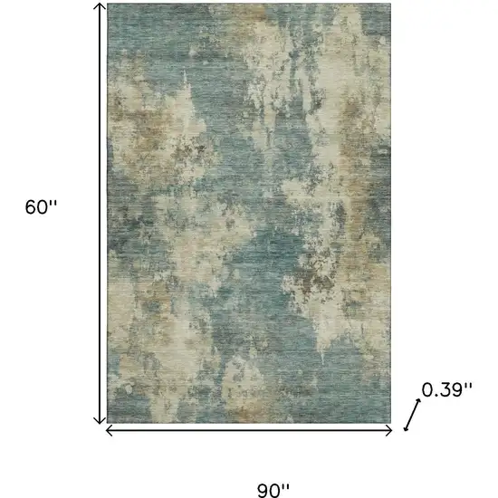 Teal And Beige Abstract Washable Area Rug With UV Protection Photo 9