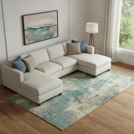 Teal And Beige Abstract Washable Area Rug With UV Protection Photo 2