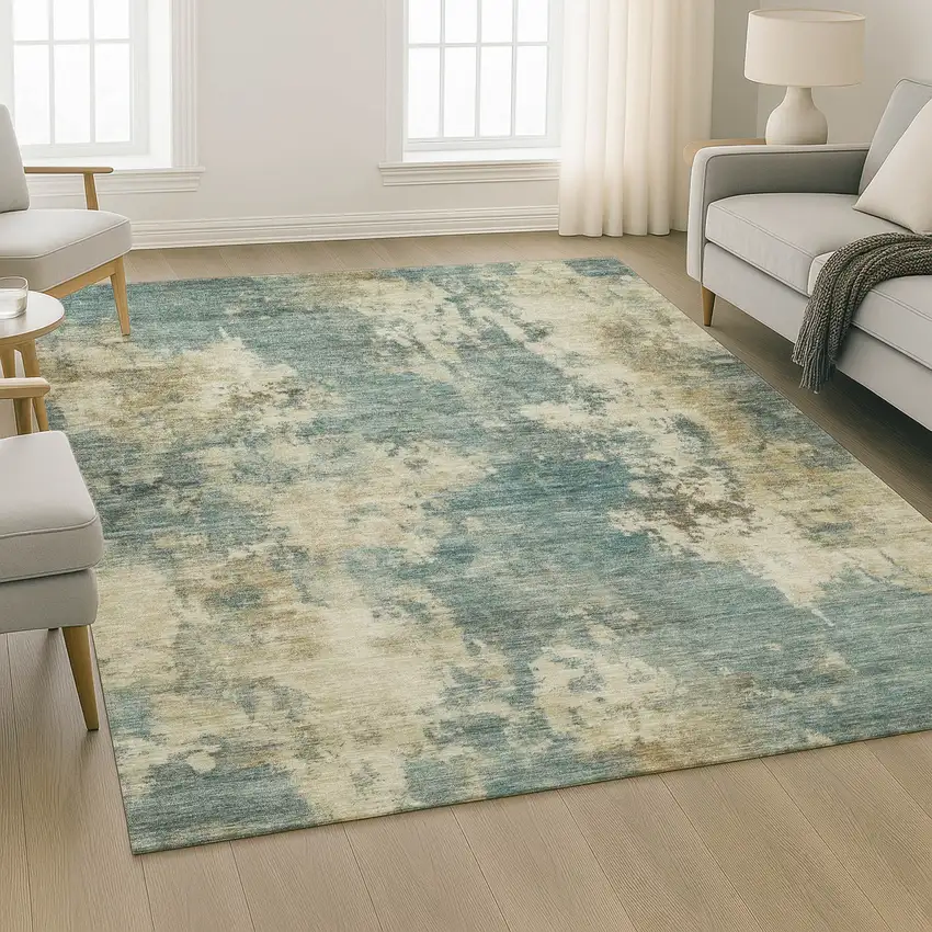Teal And Beige Abstract Washable Area Rug With UV Protection Photo 6