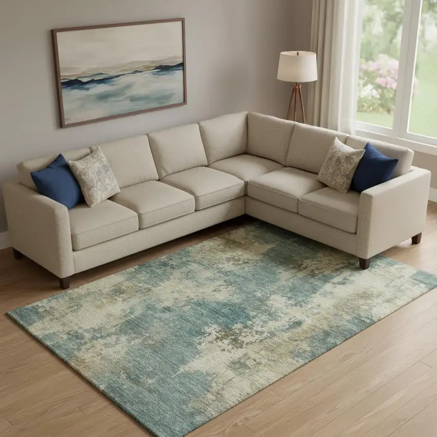 Teal And Beige Abstract Washable Area Rug With UV Protection Photo 2